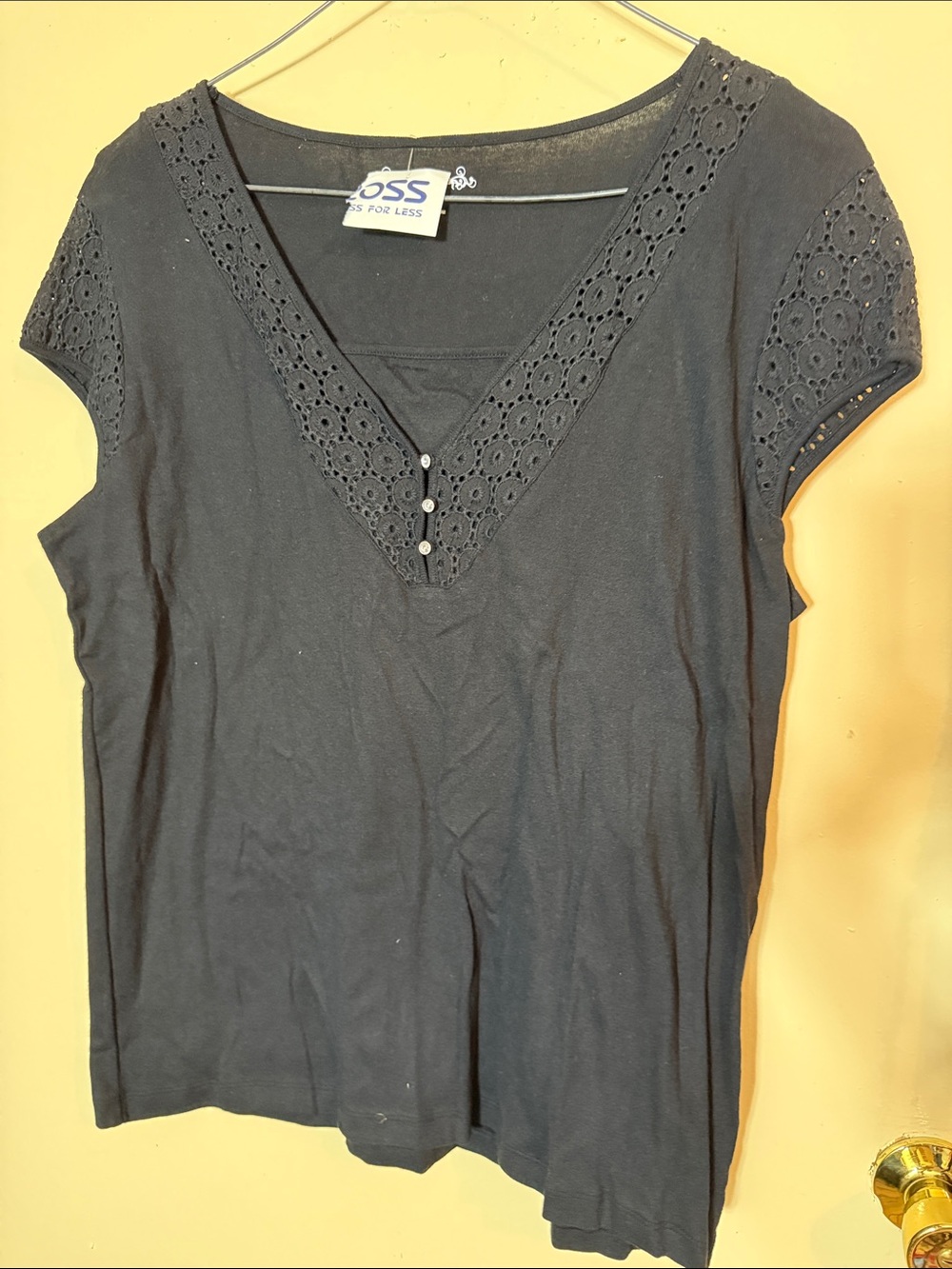 fresh Black Eyelet V-Neck Short Sleeve Tee with Button Trim